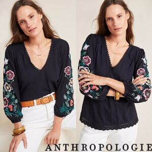 Anthropologie Black Floral Embroidered Blouse